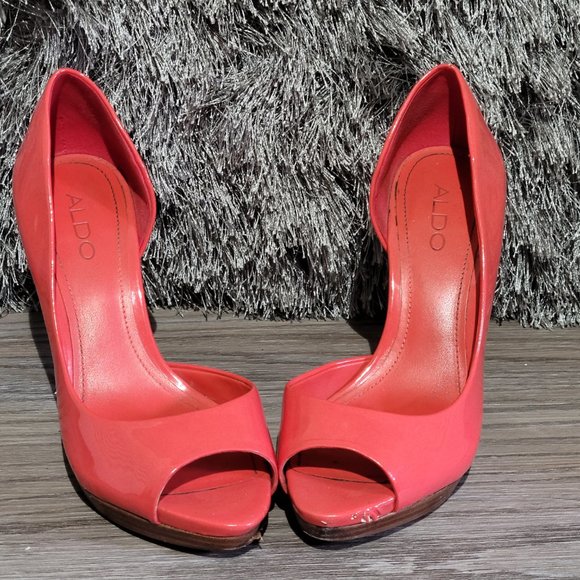 Aldo Heels Coral/Orange Peep Toe Wooden Platform Stiletto Sz: 37 (US 6.5) - Picture 2 of 9